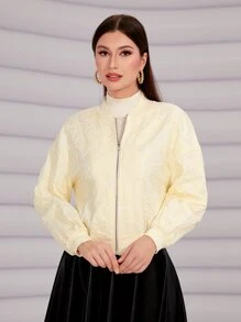 Seusyu Drop Shoulder Zip Up Floral Jacquard Bomber Jacket - Beige - View 4