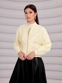 Seusyu Drop Shoulder Zip Up Floral Jacquard Bomber Jacket - Beige - View 5