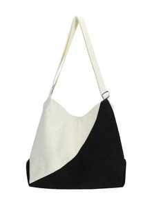 女款大容量燈芯絨單肩包簡約斜挎手提包 - 黑與白 - 查看 3