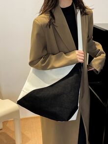 女款大容量燈芯絨單肩包簡約斜挎手提包 - 黑與白 - 查看 5