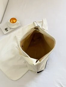 女款大容量燈芯絨單肩包簡約斜挎手提包 - 黑與白 - 查看 6