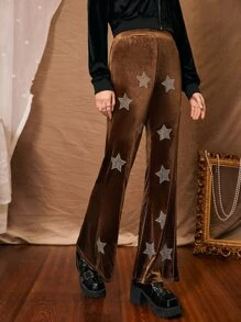 Star Rhinestone Velvet Flare Leg Pants - Brown - View 3