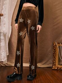 Star Rhinestone Velvet Flare Leg Pants - Brown - View 5