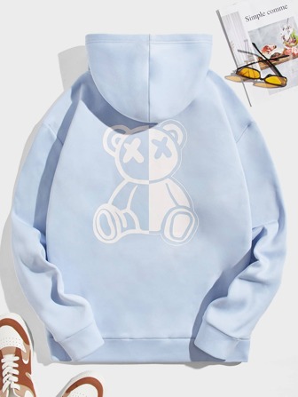 Manfinity Unisex Men Bear Print Drawstring Thermal Lined Hoodie, Light Blue Graphic Long Sleeve Thick Casual Hoodie, For Friends, Husband, Boyfriend Gifts , Fall Winter, Couple Things