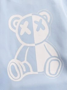 SWAVVY 男士熊印花抽绳保暖连帽衫，浅蓝色印花长袖加厚休闲连帽衫，送给朋友、丈夫、男友的礼物，秋冬季情侣装 - 淺藍色 - 查看 4