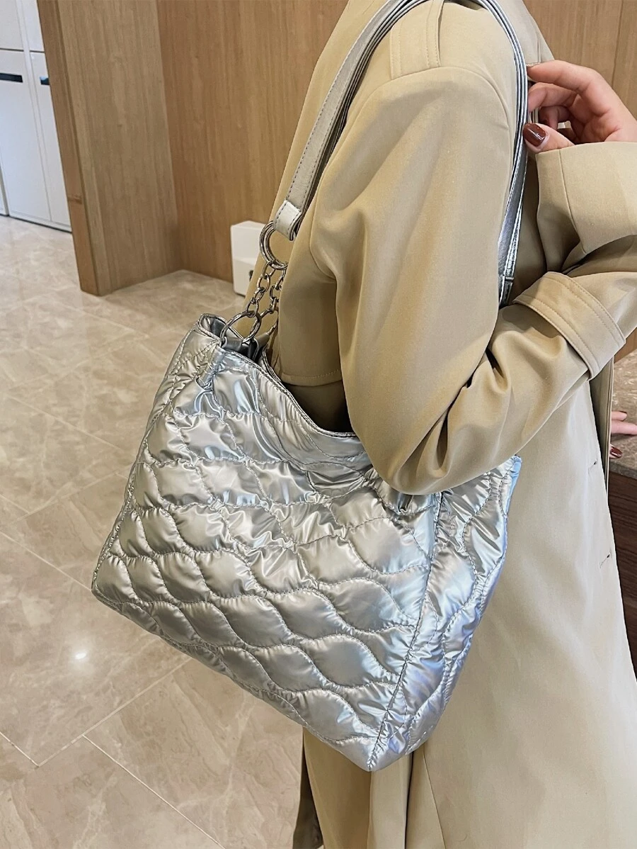 Metallic Quilted Shoulder Tote Bag - Silver - View 1