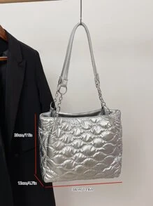 Metallic Quilted Shoulder Tote Bag - Silver - View 4