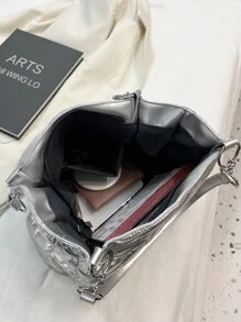 Metallic Quilted Shoulder Tote Bag - Silver - View 5