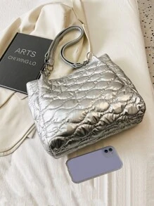 Metallic Quilted Shoulder Tote Bag - Silver - View 3