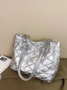 Metallic Quilted Shoulder Tote Bag - Silver - View 6