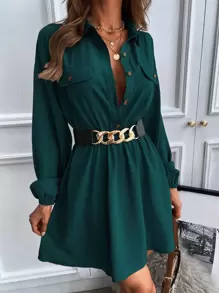 Chiquease Lantern Sleeve Flap Detail Shirt Dress Without Belt,Ladies Casual Button,Fake Pockets Long Sleeve Collar Regular Fit Short Dark Green Bishop Sleeve Plain Shirt Women Short Dresses,Spring/Fall,Casual Daily Wear - Dark Green - View 3