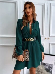 Chiquease Lantern Sleeve Flap Detail Shirt Dress Without Belt,Ladies Casual Button,Fake Pockets Long Sleeve Collar Regular Fit Short Dark Green Bishop Sleeve Plain Shirt Women Short Dresses,Spring/Fall,Casual Daily Wear - Dark Green - View 5