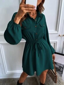 Chiquease Lantern Sleeve Flap Detail Shirt Dress Without Belt,Ladies Casual Button,Fake Pockets Long Sleeve Collar Regular Fit Short Dark Green Bishop Sleeve Plain Shirt Women Short Dresses,Spring/Fall,Casual Daily Wear - Dark Green - View 6