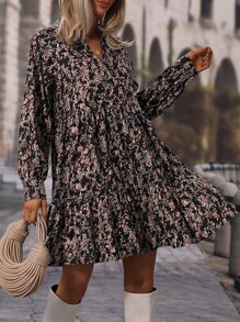 SHEIN LUNE Allover Floral Print Bishop Sleeve Ruffle Hem Dress - Black - View 4
