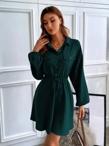 Chiquease Lantern Sleeve Flap Detail Shirt Dress Without Belt,Ladies Casual Button,Fake Pockets Long Sleeve Collar Regular Fit Short Dark Green Bishop Sleeve Plain Shirt Women Short Dresses,Spring/Fall,Casual Daily Wear - Dark Green - View 7