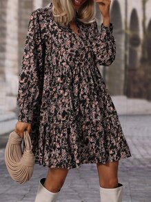 SHEIN LUNE Allover Floral Print Bishop Sleeve Ruffle Hem Dress - Black - View 3
