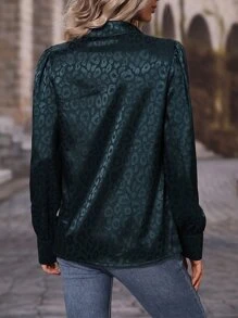 豹紋提花泡泡袖緞面襯衫 - 墨綠色 - 查看 2