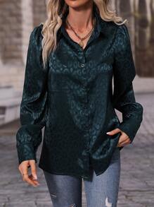 豹紋提花泡泡袖緞面襯衫 - 墨綠色 - 查看 4