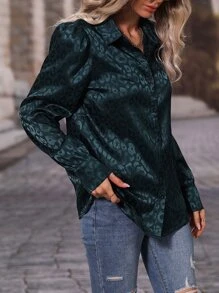 豹紋提花泡泡袖緞面襯衫 - 墨綠色 - 查看 5