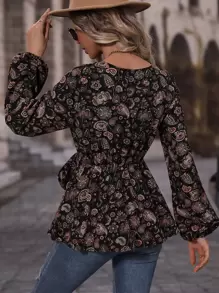 SHEIN Clasi Áo Peplum tay lỡ in họa tiết hoa thắt lưng - Nhiều màu - Xem 2