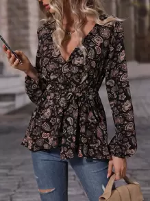 SHEIN Clasi Áo Peplum tay lỡ in họa tiết hoa thắt lưng - Nhiều màu - Xem 3