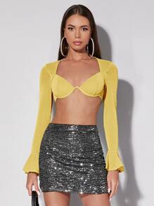 SHEIN BAE Bell Sleeve Glitter Crop Top - Yellow - View 1
