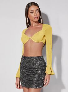 SHEIN BAE Bell Sleeve Glitter Crop Top - Yellow - View 4