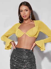 SHEIN BAE Bell Sleeve Glitter Crop Top - Yellow - View 6