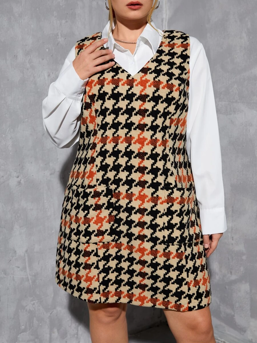 SHEIN Privé Vestido sin manga con estampado de pata de gallo sin camisa - Multicolor - Ver 1