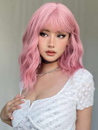 Peluca corta y ondulada con efecto degradado rubio lolita de estilo cosplay con flequillo, de fibra sintética resistente al calor, color rubio platino claro, para uso diario y fiestas de mujeres