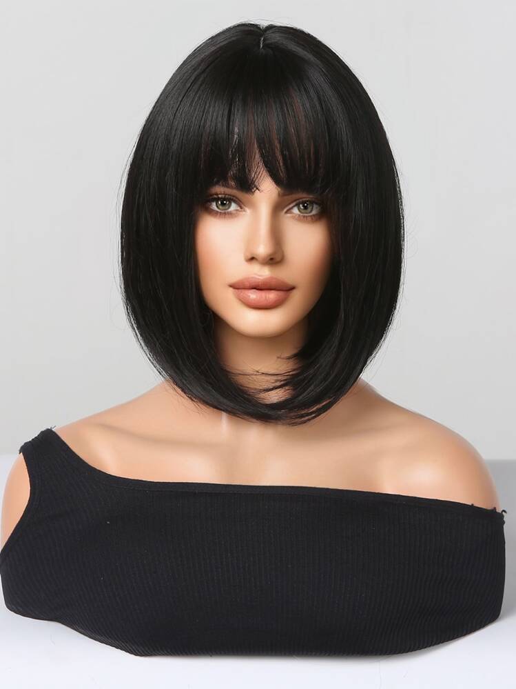 Peluca sintética corto recto con tupe - Negro - Ver 5