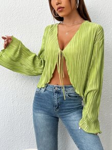 SHEIN EZwear 前繫帶荷葉袖短款襯衫 - 青檸色 - 查看 1