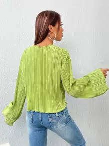 SHEIN EZwear 前繫帶荷葉袖短款襯衫 - 青檸色 - 查看 3