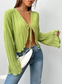 SHEIN EZwear 前繫帶荷葉袖短款襯衫 - 青檸色 - 查看 4