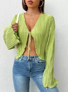 SHEIN EZwear 前繫帶荷葉袖短款襯衫 - 青檸色 - 查看 2