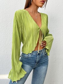 SHEIN EZwear 前繫帶荷葉袖短款襯衫 - 青檸色 - 查看 5