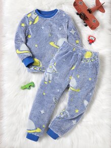 Boys Reflective Planet Print Flannel Top & Trousers PJ Set - Blue - View 2