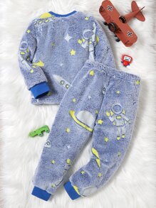 Boys Reflective Planet Print Flannel Top & Trousers PJ Set - Blue - View 3