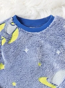 Boys Reflective Planet Print Flannel Top & Trousers PJ Set - Blue - View 7