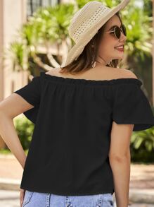 SHEIN VCAY 一字肩褶邊襯衫 - 黑色 - 查看 3