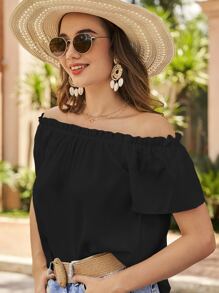 SHEIN VCAY 一字肩褶邊襯衫 - 黑色 - 查看 4