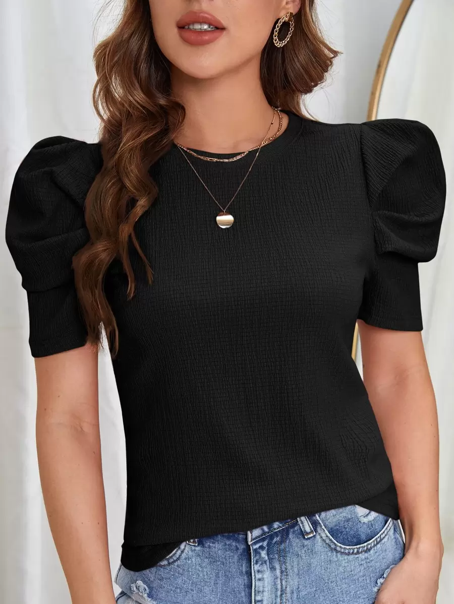 SHEIN Clasi Manga De Globo, Cuello Redondo Con Camiseta De Tela Con Textura - Negro - Ver 1