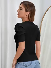 SHEIN Clasi Manga De Globo, Cuello Redondo Con Camiseta De Tela Con Textura - Negro - Ver 2