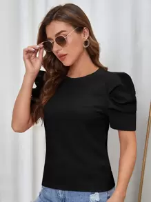 SHEIN Clasi Manga De Globo, Cuello Redondo Con Camiseta De Tela Con Textura - Negro - Ver 3