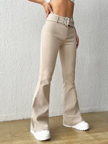Muchica High Waist Belted Flare Leg Pants - Khaki - View 4