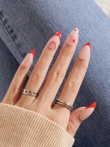 24pcs Long Almond Christmas Star Pattern Fake Nail & 1sheet Tape & 1pc Nail File - Red and White - View 3