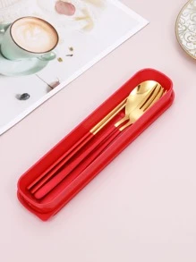 3 Pieces Stainless Steel Flatware Set Portable Reusable Cutlery Set Travel Utensils Set Including Chopsticks Fork Spoon Storage Box - Multicolor - View 6