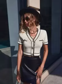 SHEIN Privé 條紋飾邊前紐扣針織上衣 - 白色 - 查看 3