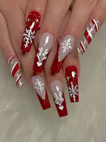 穿上24入組長棺材聖誕雪花麋鹿印花法式條紋假指甲和1入組指甲銼和1張指甲膠帶，打造迷人魅力 - 紅白色 - 查看 1
