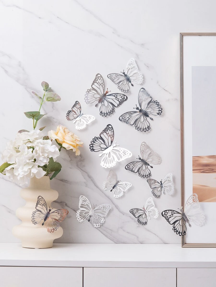12入組金屬質感鏤空3D蝴蝶貼紙